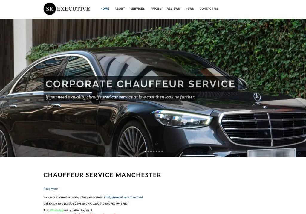 SK Executive Chauffeurs website screenshot